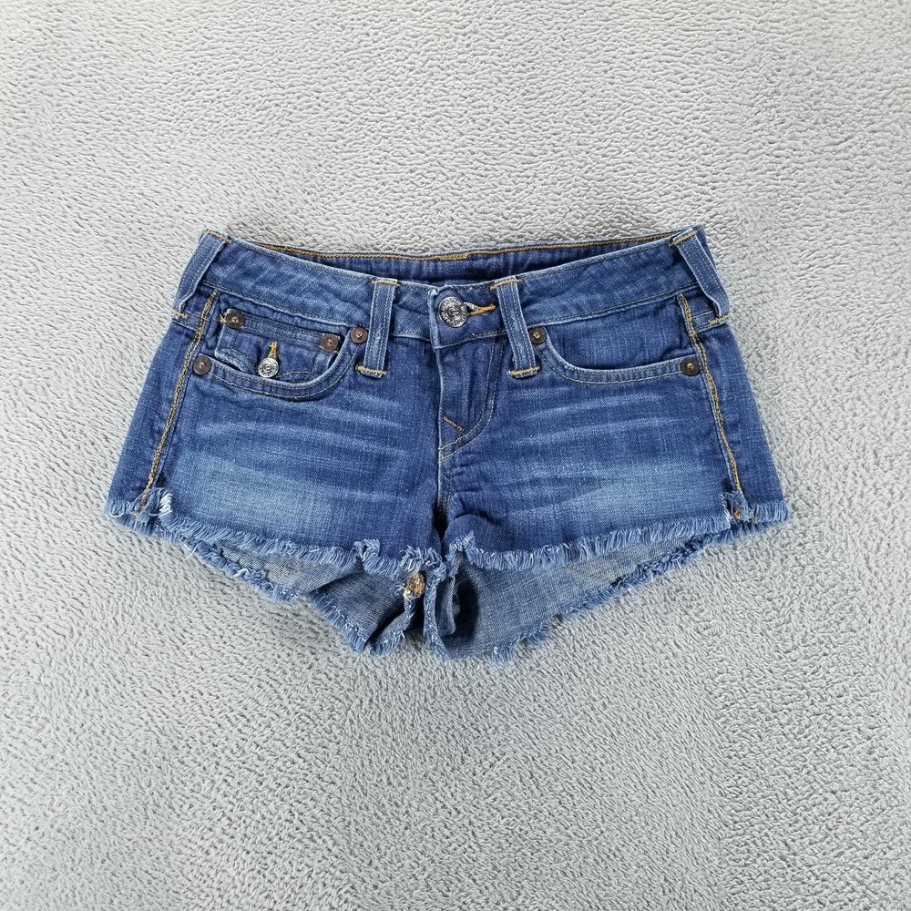 True Religion Blue Denim Frayed Jean Shorts
